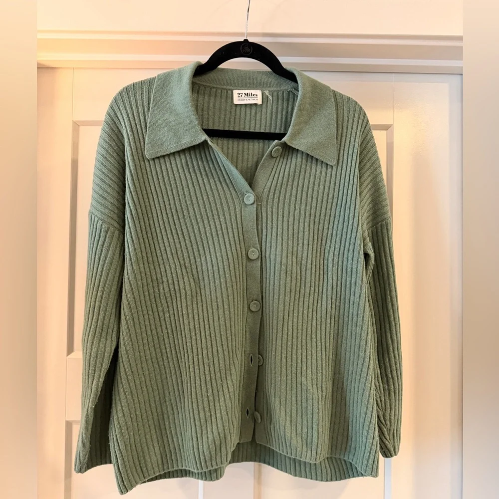 27 Miles Green Ribbed Button-Up Cardigan - Picture 1 of 4